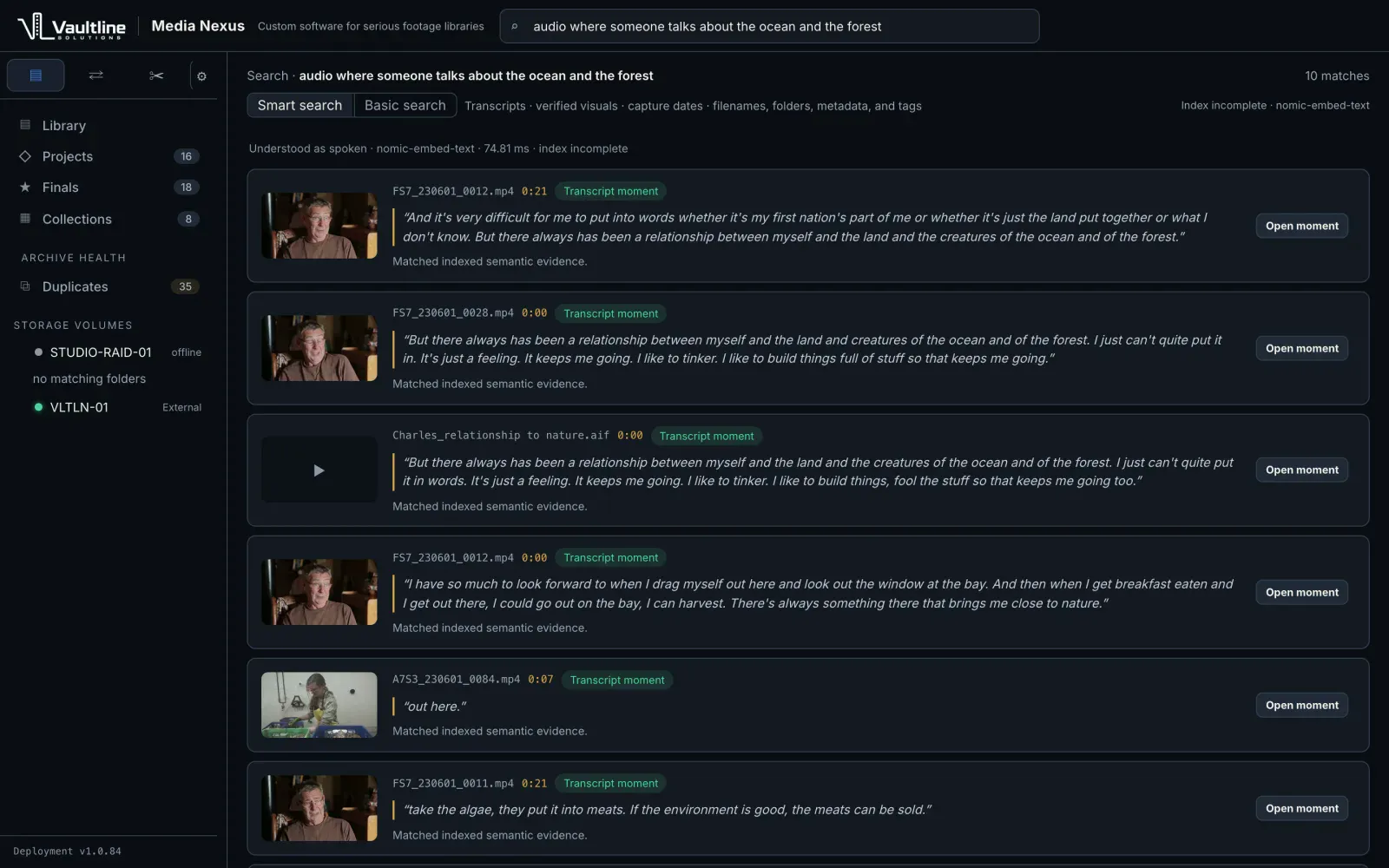 Media Nexus search results for the query: audio where someone talks about the ocean and the forest. Each result is a transcript moment from a clip, with the exact quote, timecode, thumbnail, and an Open moment button.