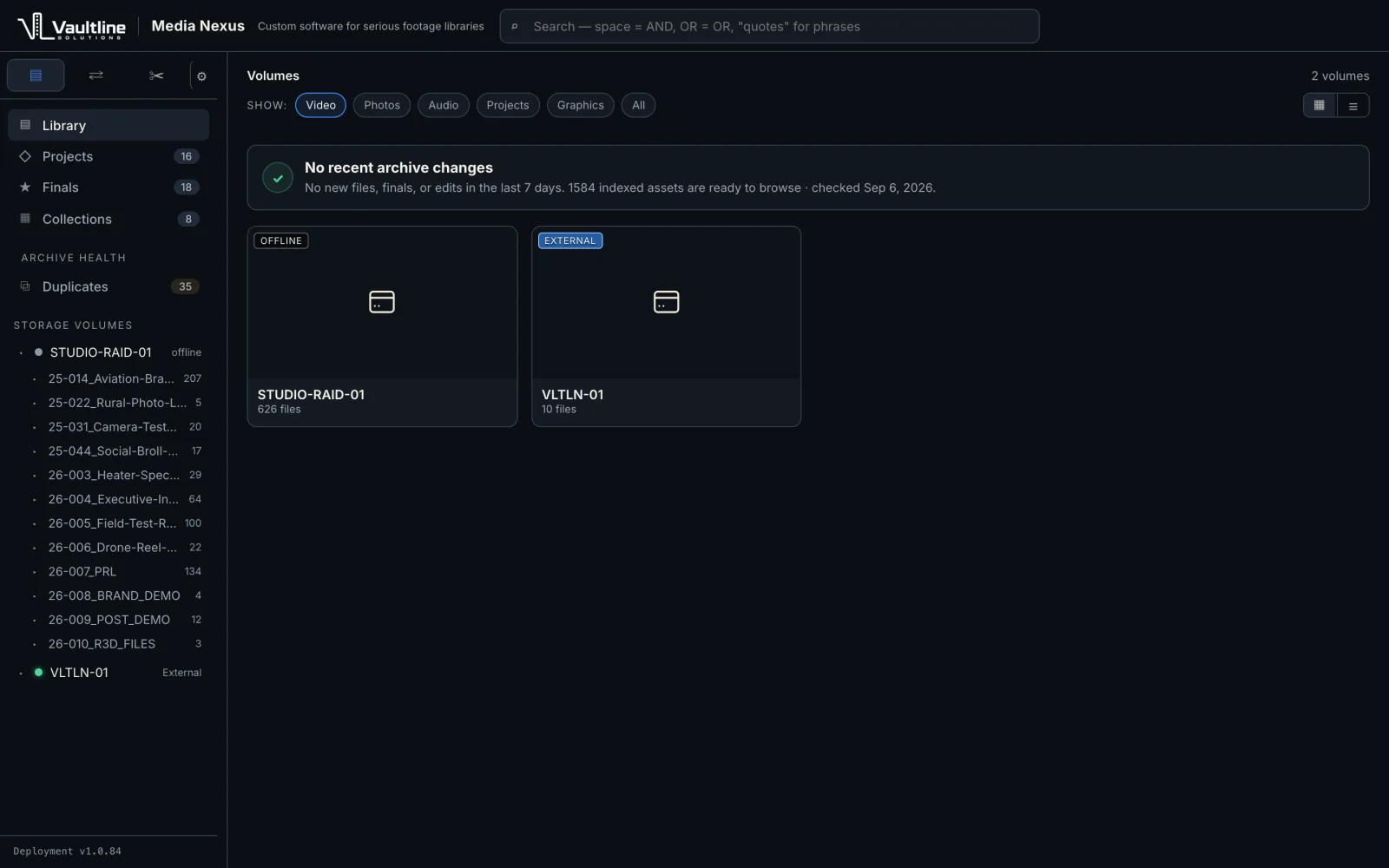 Media Nexus Library view listing storage volumes, one offline RAID and one connected external drive, with the project folders on each.