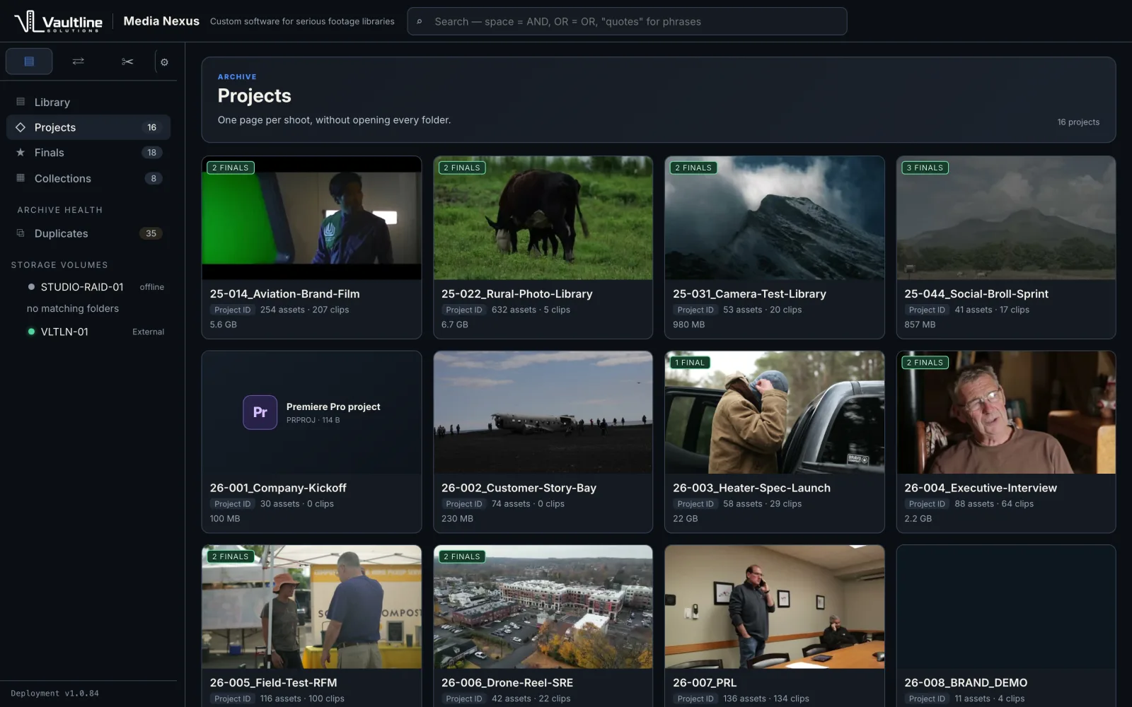 Media Nexus Projects view: a grid of shoots, each with a thumbnail, project ID, asset and clip counts, size, and a finals badge.