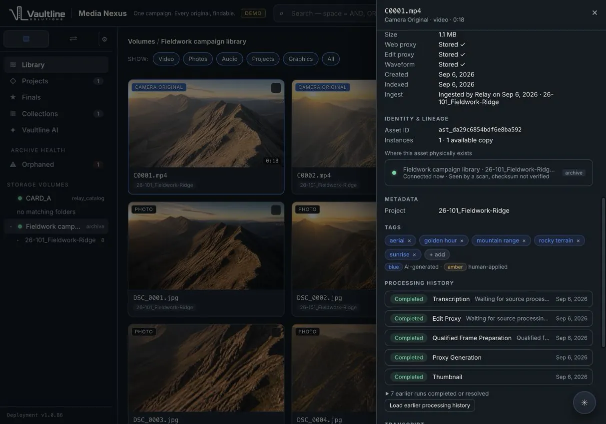 Media Nexus asset detail on a demo library: AI-generated tags in blue beside human tags in amber, and the clip's processing history.