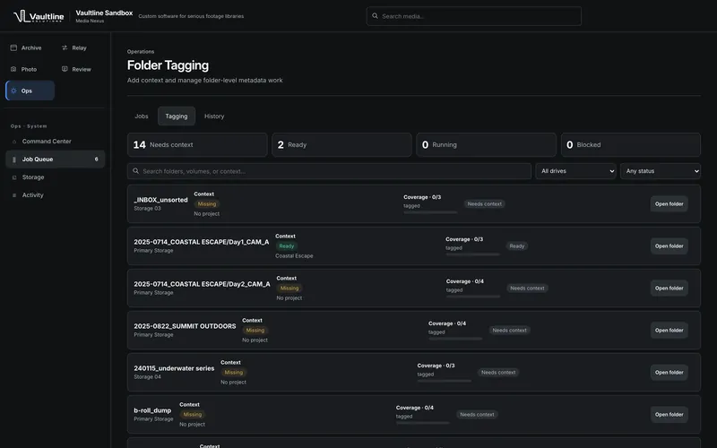 Media Nexus folder tagging: which folders AI tagging covers, and how far it has got.