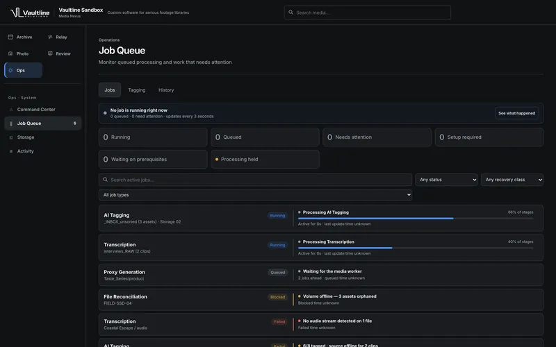 Media Nexus job queue: AI tagging, transcription and proxy jobs, with what is running and what needs attention.
