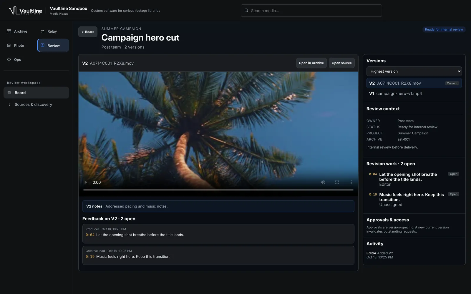 Media Nexus review on demo data: a campaign hero cut in its second version, with timecoded notes from the producer and the creative lead, and the revision work still open.