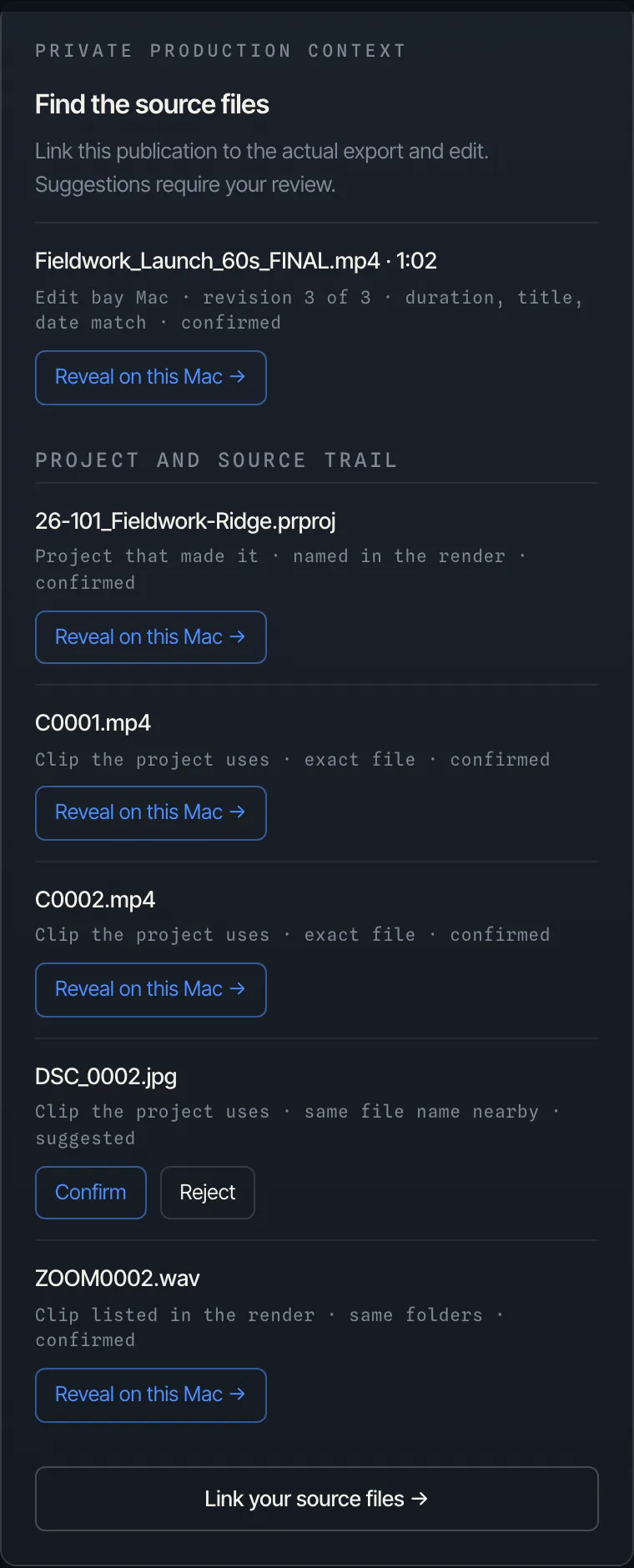 Traceframe on demo data: a published video linked to its final export, the project that made it and the clips the project uses, each marked confirmed, and one suggested clip waiting for Confirm or Reject.