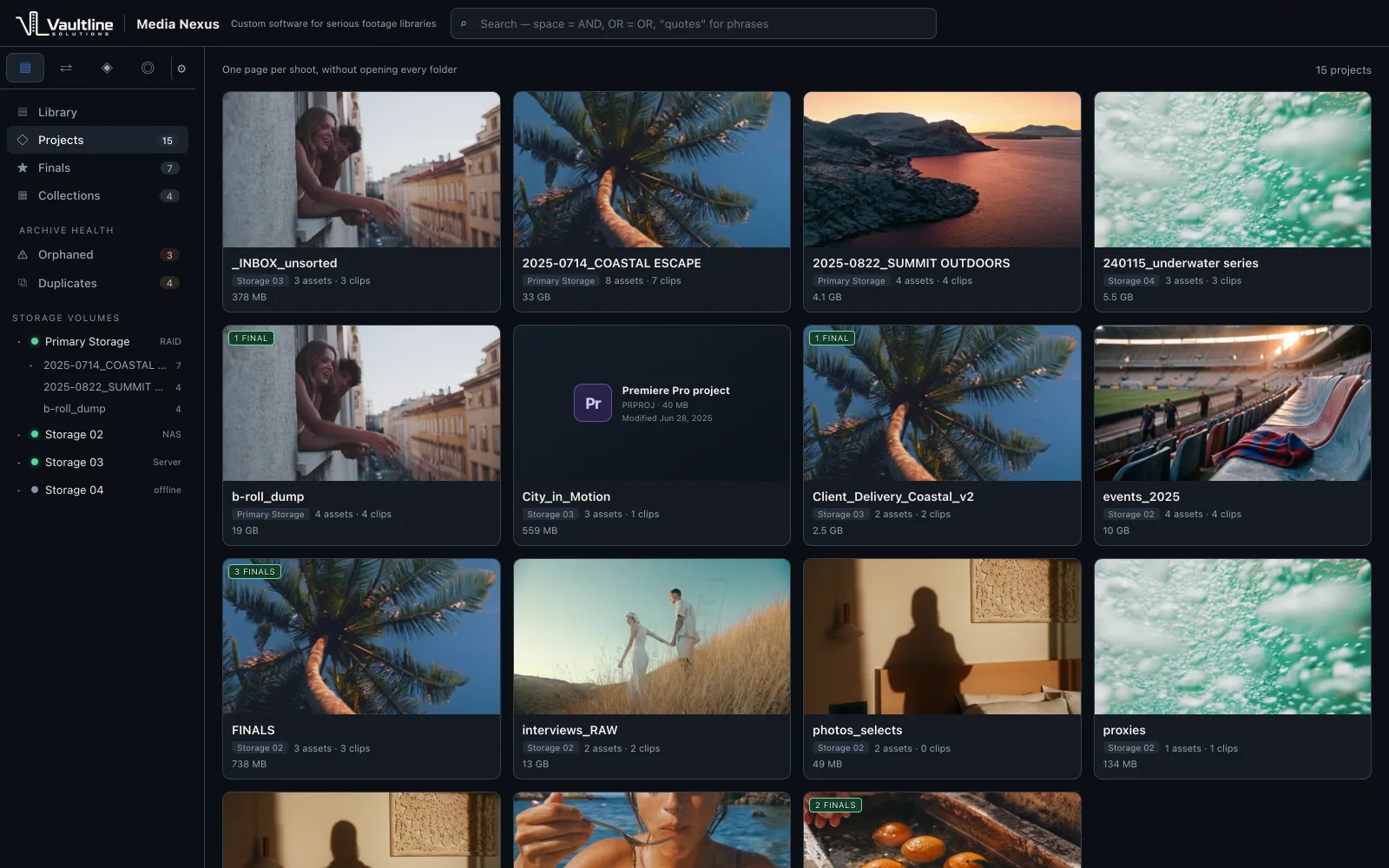 Grid of fifteen sample video projects in Media Nexus, each shown as a thumbnail card with clip counts and storage size.