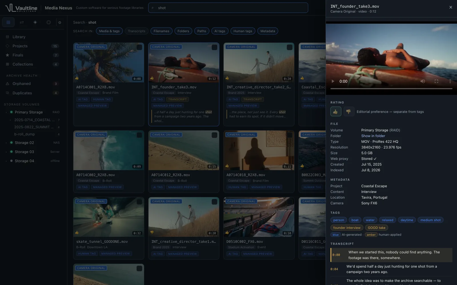 Asset detail panel in Media Nexus showing a video's proxy player, file metadata, tags, and a timestamped interview transcript.