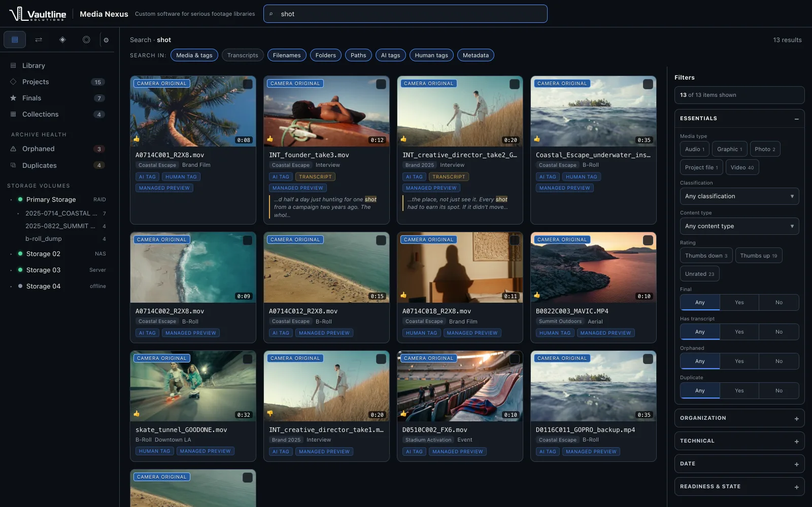 Search results in Media Nexus for the word shot, showing thirteen matching clips with two transcript-match excerpts.