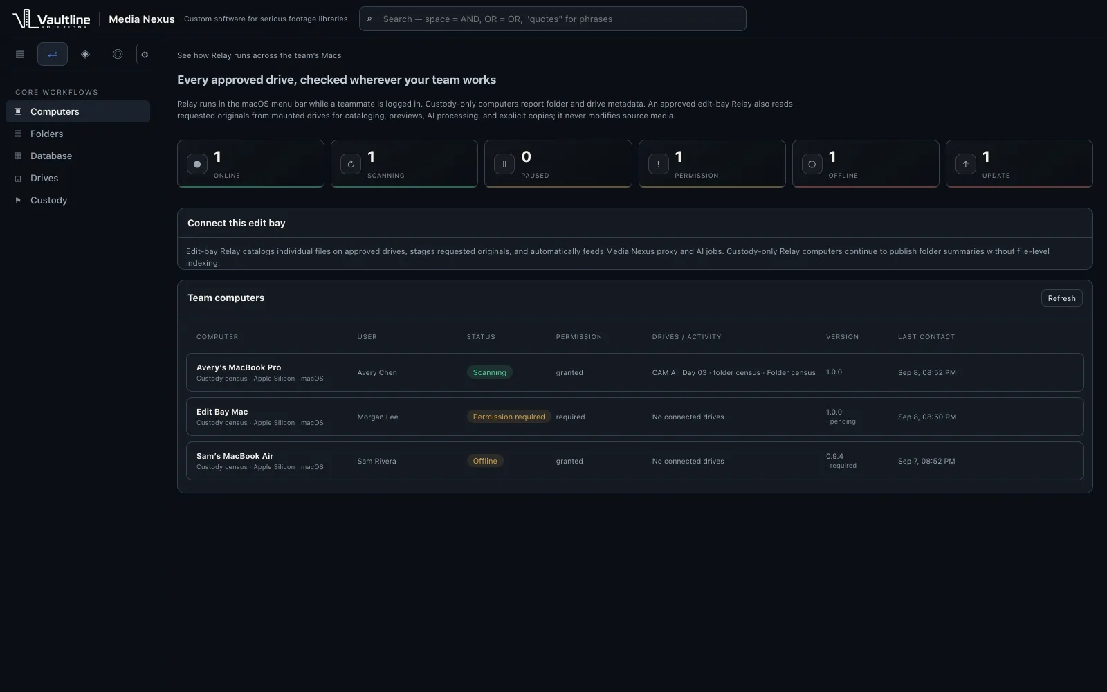 Relay fleet screen in Media Nexus showing the status of three team computers and their sync activity.